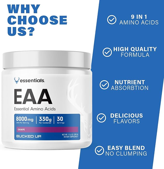 Bucked Up Essential Amino Acids - EAA Powder - Easy Mix Non Clumping Formula - for Pre/Intra Workout - Grape Flavor - 30 Servings - 11.6 oz
