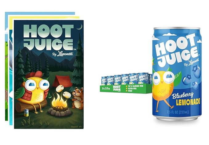 Hoot Juice Blueberry Lemonade 24 Pack + Hoot Juice 3 Pack of Prints
