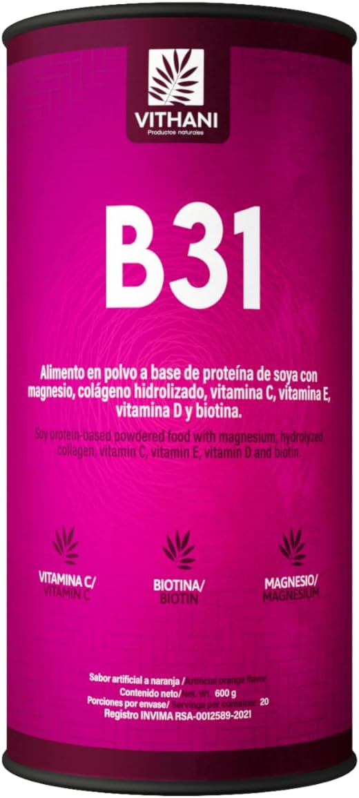 Vithani B31 Colageno with Magnesium Citrate Vitamin D Vitamin E and Biotin – Collagen Plus Vitamin C for Skin Hair and Nails Orange Flavor 20 Servings