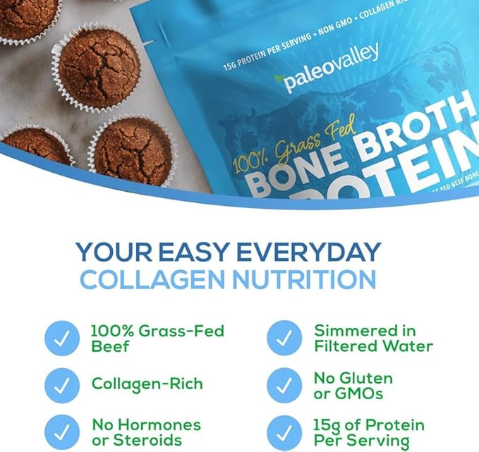 Paleovalley 100% Grass Fed Beef Bone Broth Protein Powder - Rich in Collagen Peptides for Hair Skin Gut Health Bone and Joint Support - 13g Protein Per Serving - No Gluten or GMOs - Vanilla