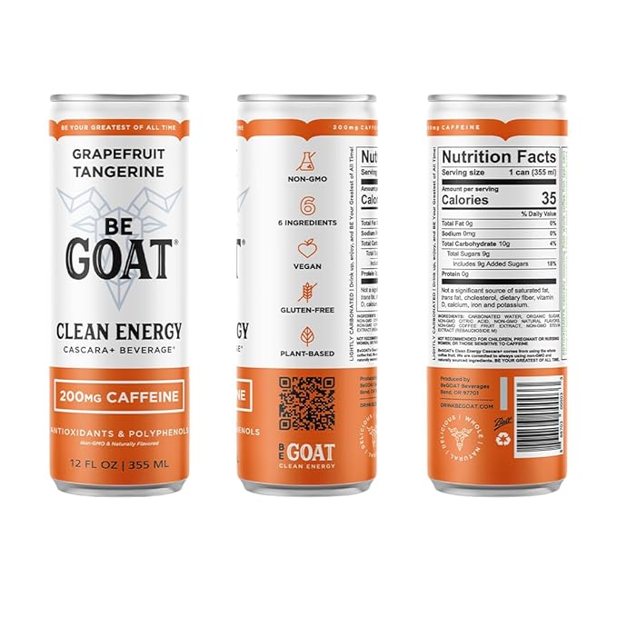BeGOAT Clean Energy | Grapefruit Tangerine | 6 Ingredients Plant-Based Non-GMO Vegan | 200mg Natural Caffeine | 12 fl oz Cans (Pack of 12)