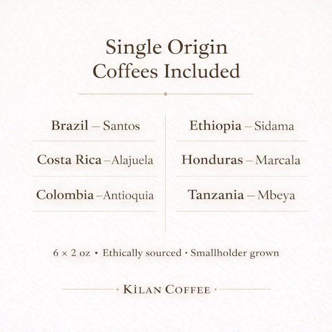 Coffee Sample Pack – 6 Single Origin Coffees (Brazil Santos Costa Rica Colombia Ethiopia Honduras Tanzania) 6-Count 2oz Bags – Kilan Coffee