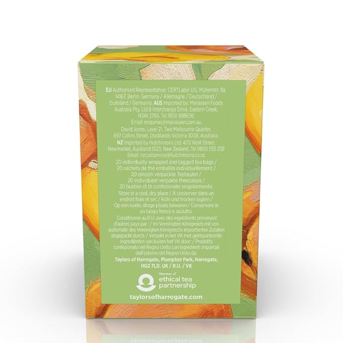 Taylors of Harrogate White Hibiscus &amp Peach Green Tea Individually Wrapped Bags 20 Count (Pack of 6) Delicate Fruity and Sweet Caffeinated Enjoy Hot or Iced 120 Teabags Total