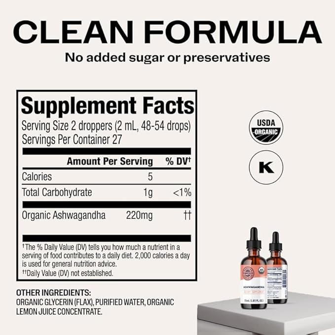 Vimergy USDA Organic Ashwagandha Liquid Extract 57 Servings –Stress Supplement Drops – Adaptogen - Supports Cognitive Function – Sleep Support – Alcohol-Free Non-GMO Vegan &amp Paleo Friendly (55