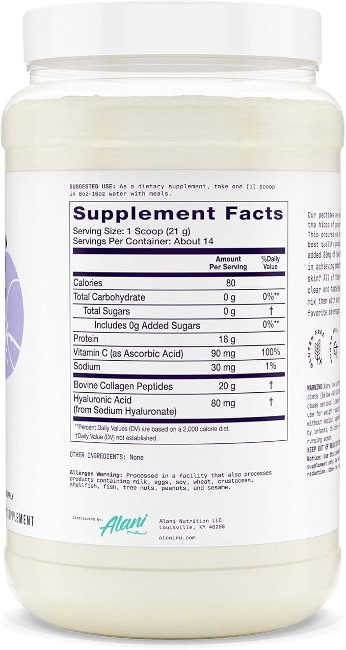 Alani Nu Collagen Peptides Powder UNFLAVORED | 18g Protein | Supports Bone Skin and Nail Health | Collagen for Women | 80mg of Hyaluronic Acid | Gluten Free | Sugar Free | 14 Servings