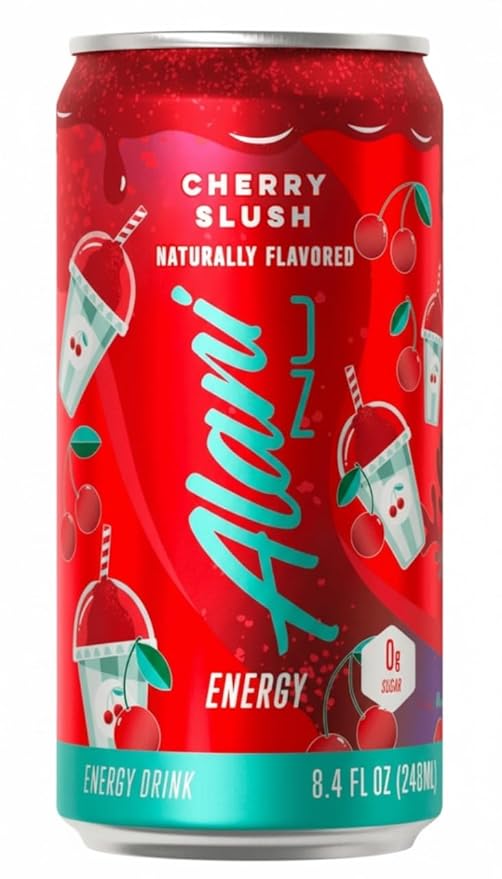 Alani Mini Energy Drinks | Cherry Twist Juicy Peach &amp Cherry Slush | Sugar free Low Calorie Energy Drinks 8.4 Fl Oz Cans (Pack of 12)