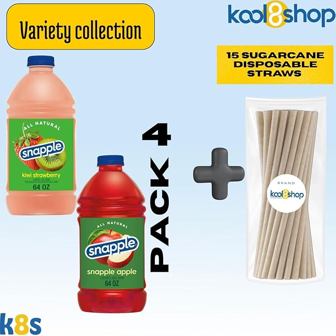 Snapple Variety Collection All Natural Fruit Juice 64 fl oz Plastic Bottle 4 Pack + 15 Sugarcane Disposable Straws by KOOL8SHOP Infinite Deals