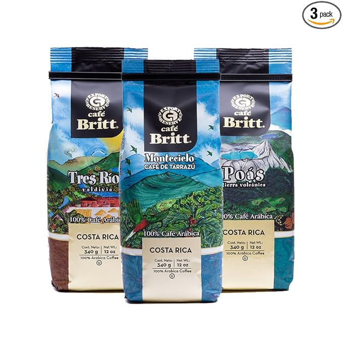 Café Britt® - Costa Rican Origins Coffee Bundle (12 oz.) (3-Pack) (Coffee From: Tarrazú Tres Ríos &amp Poás) - Whole Bean Arabica Coffee Kosher Gluten Free Gourmet &amp Medium Light &amp Dark