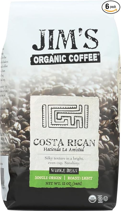 Jim's Organic Coffee - Whole Bean - Costa Rican - Case of 6 - 12 oz.
