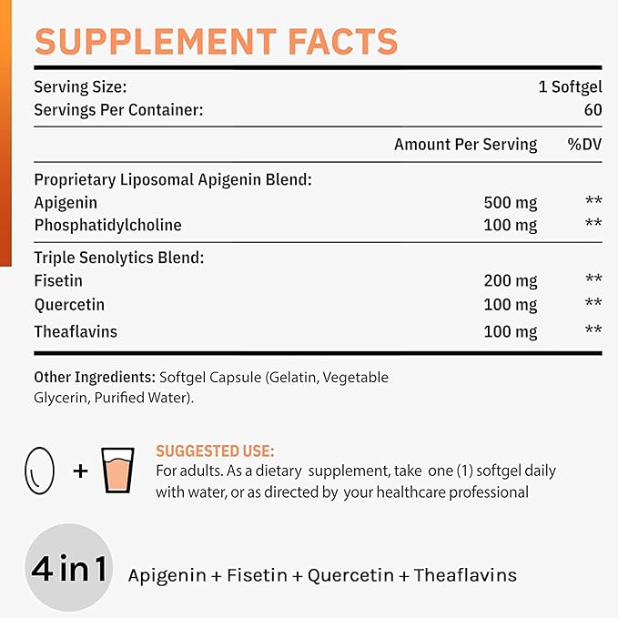 Liposomal apigenin 500mg Softgels - Optimal Apigenin Supplement with Fisetin Quercetin and Theaflavins - 8 Month Supply