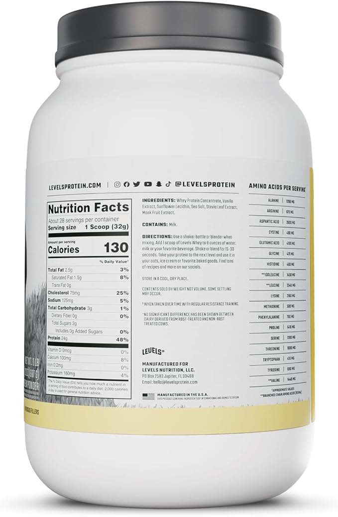 Levels Grass Fed Whey Protein Powder No Artificials 24G of Protein Vanilla Bean 2LB