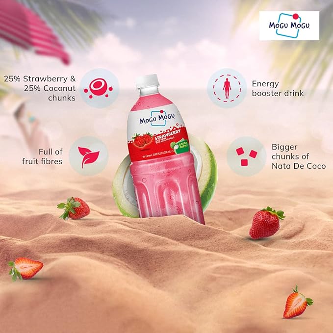 Mogu Mogu Strawberry Juice with 25% Nata De Coco 1000ml (12 Pack)