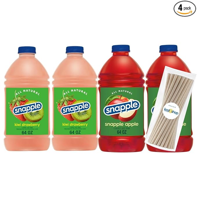 Snapple Variety Collection All Natural Fruit Juice 64 fl oz Plastic Bottle 4 Pack + 15 Sugarcane Disposable Straws by KOOL8SHOP Infinite Deals