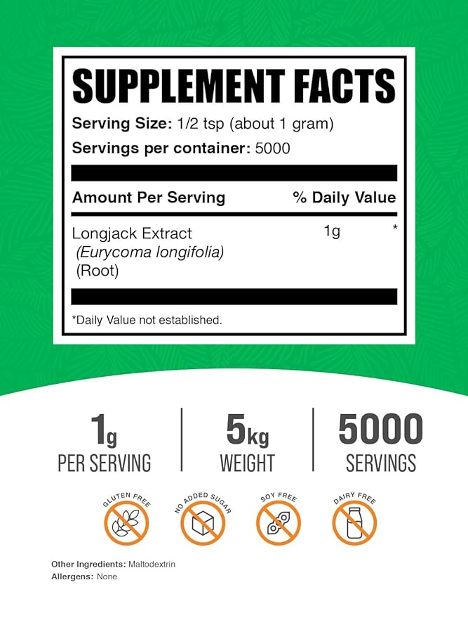 BulkSupplements.com Longjack Extract Powder - Tongkat Ali Extract Longjack Tongkat Ali Powder - Tongkat Ali for Men &amp Women Gluten Free - 1000mg per Serving 5kg (11 lbs) (Pack of 5)