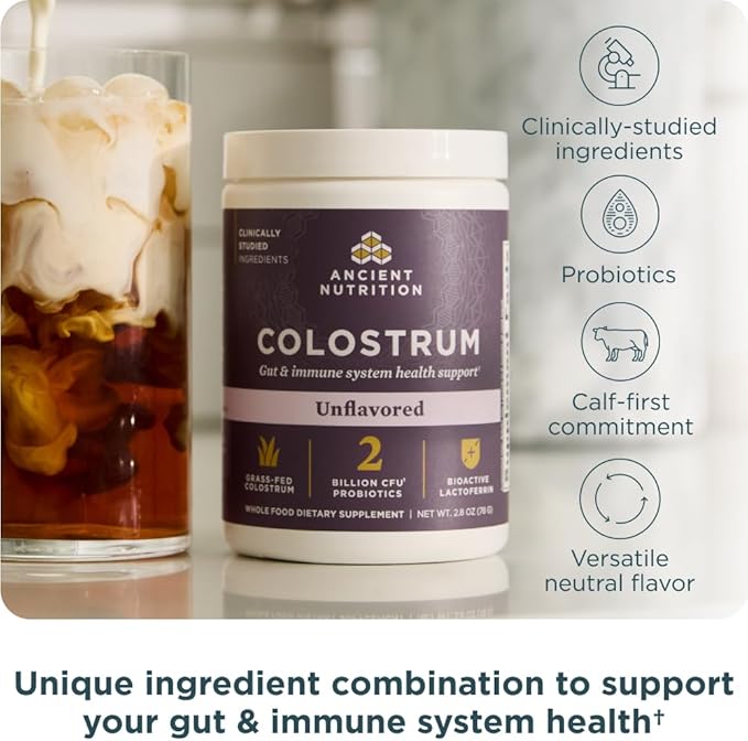 Ancient Nutrition Colostrum Superfood Powder Grass Fed Bovine Colostrum Supports Healthy Gut Microbiome and Immune System Clinically Studied Lactoferrin &amp Probiotics Unflavored 60 Servings