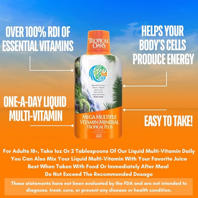 Tropical Oasis Mega Plus - Liquid Multivitamin and Mineral Supplement – Includes 85 Vitamins &amp Minerals 20 Amino Acids + CoQ10 Grape Seed Extract &amp Organic Aloe Vera - 32oz 32 Servings 334
