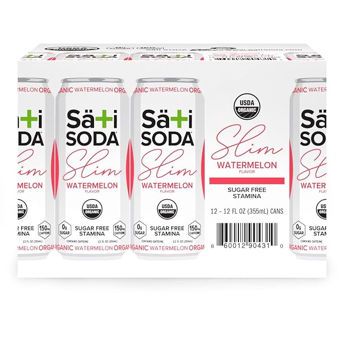 Sati Slim Organic Watermelon Soda - Adaptogenic Beverage with Lions Mane Green Coffee Bean &amp Acerola Vitamin C | Zero Calories Zero Sugar 12-Pack Case (12 Pack of 12 Ounce Cans Watermelon)