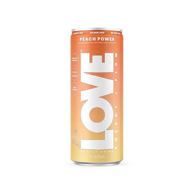 Be LOVE Energy + Flow – 80mg Natural Caffeine L-Theanine &amp Alpha-GPC for Clean Calm Focus – Zero Sugar Low Calorie 100% DV B-Vitamins – Non-GMO Vegan – 12 fl oz (Pack of 12) (Peach Power)