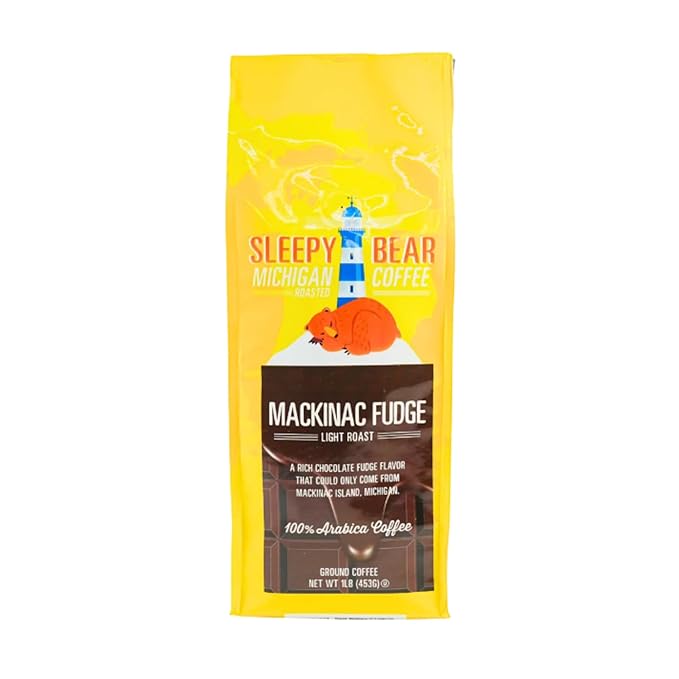 Sleepy Bear Mackinac Fudge Ground Coffee – Flavored Light Roast Arabica with Rich Fudge Flavor Michigan-Made Smooth &amp Sweet Blend No Sugar Added 16oz Reclosable Bag (1 16 oz)