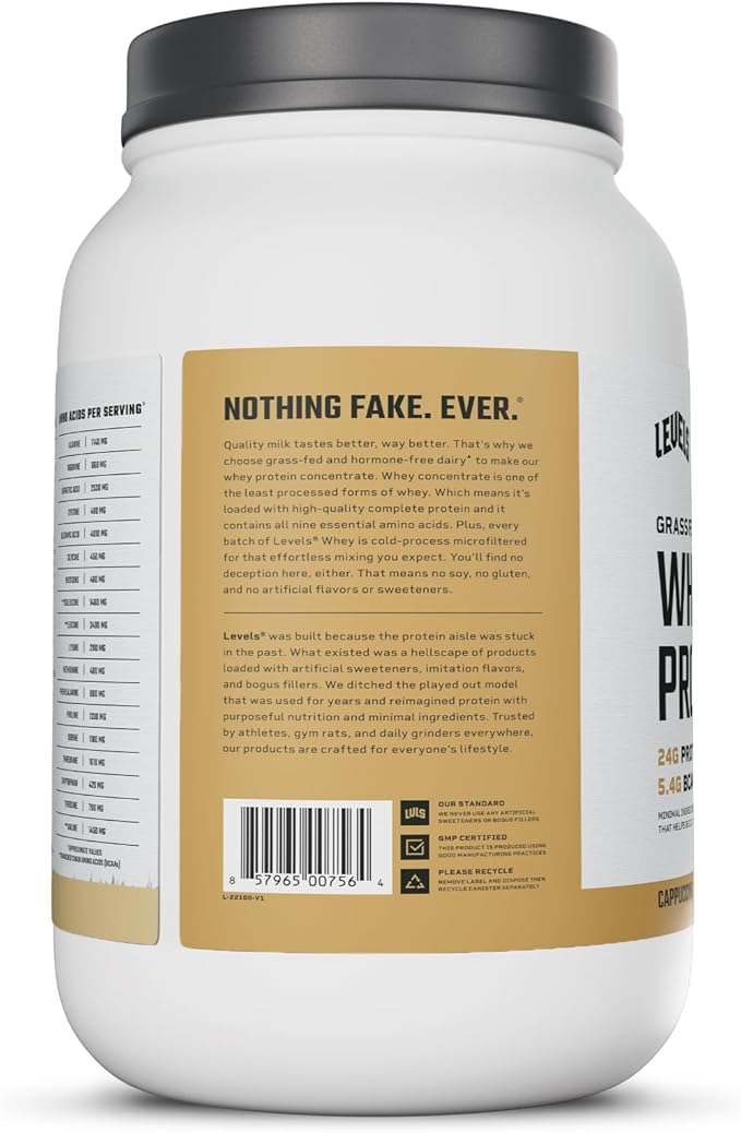 Levels Grass Fed Whey Protein Powder No Artificials 24G of Protein Cappuccino 2LB