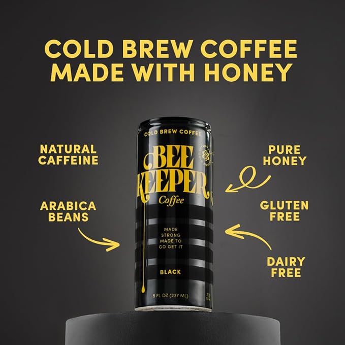 Beekeeper Black Cold Brew Coffee Drinks with Oregon Honey | 12 Pack Refreshing Iced Coffee - Unsweetened &amp Strong Arabica Brew 8 fl oz Ready-to-Drink Can - 180mg Natural Caffeine