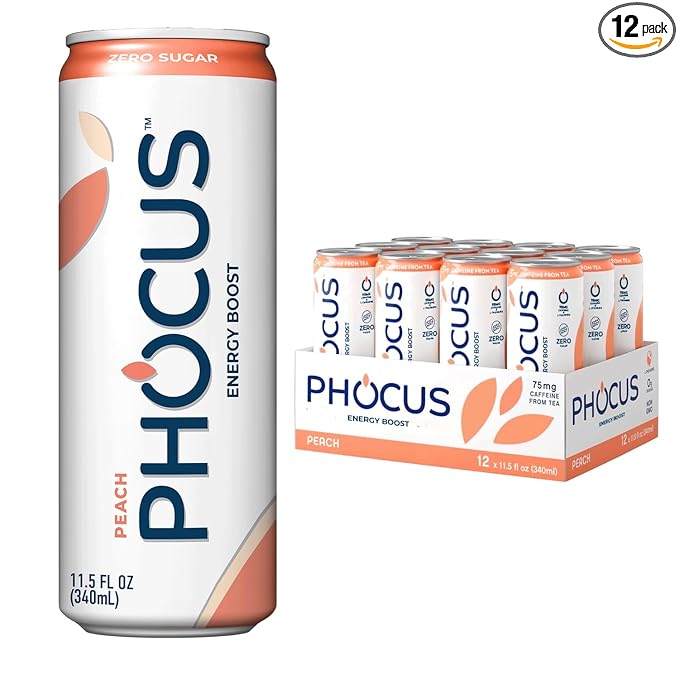 PHOCUS Caffeinated Sparkling Water Peach 75mg Natural Caffeine Plus L-Theanine Zero Sugar Zero Calories No Artificial Sweeteners 11.5 fl oz Cans (Pack of 12)