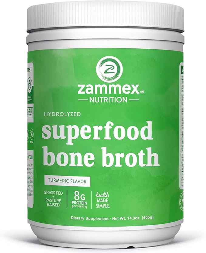 Zammex Bone Broth Plus Superfood Protein Powder (Turmeric Flavor) 8g Hydrolyzed Protein with Vitamin D for Healthy Skin Nails Hair Joints &amp DigestionNon-GMO (30 Servings)