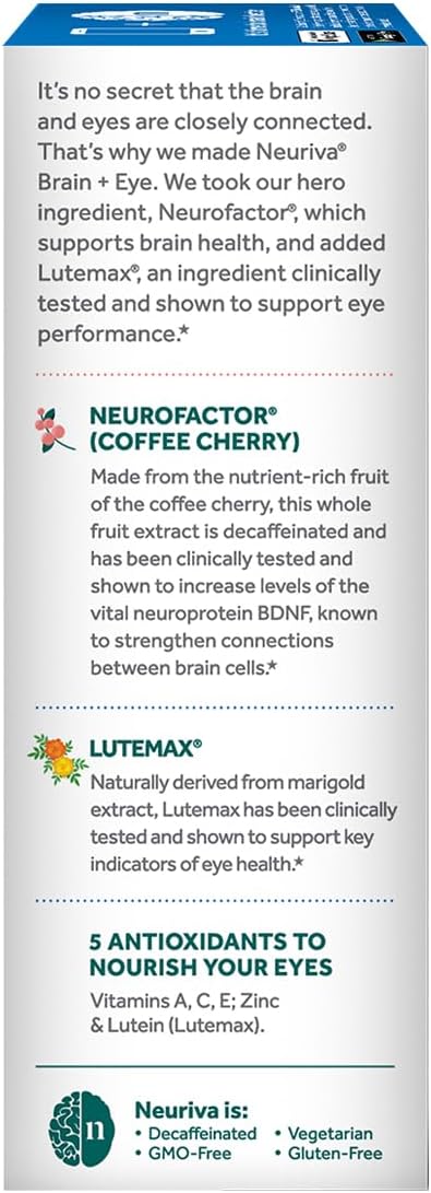 NEURIVA Brain + Eye Supplement for Memory Focus &amp Concentration with Clinically Tested Lutein and Zeaxanthin Vitamins A C &amp E + Zinc for Eye Health &amp Filter Blue Light 30 Count Capsules