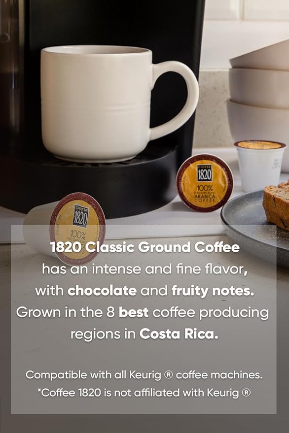 Café 1820 Classic Ground Coffee Cups Premium Costa Rican Dark Roast 100% Arabica Compatible with Keurig Machines 48 Pods