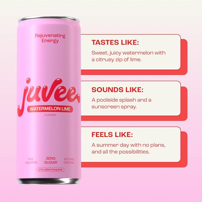 Juvee Rejuvenating Energy Drink – Sugar Free Watermelon Lime Flavor 12 oz Cans (12-Pack) – 128mg Natural Caffeine Zero Sugar Low Calorie Clean Energy &amp Focus Booster for Daily Use