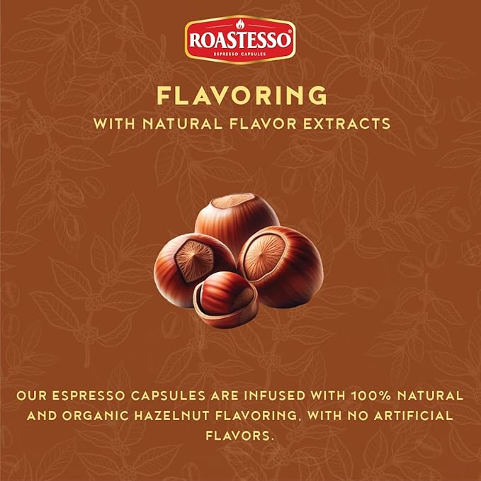 Roastesso Aluminum Espresso Capsules Natural Hazelnut Flavored Coffee Compatible with Nespresso Original Machines Medium Roast Intensity 7 Recyclable Coffee Pods Packed in USA (40 Count)