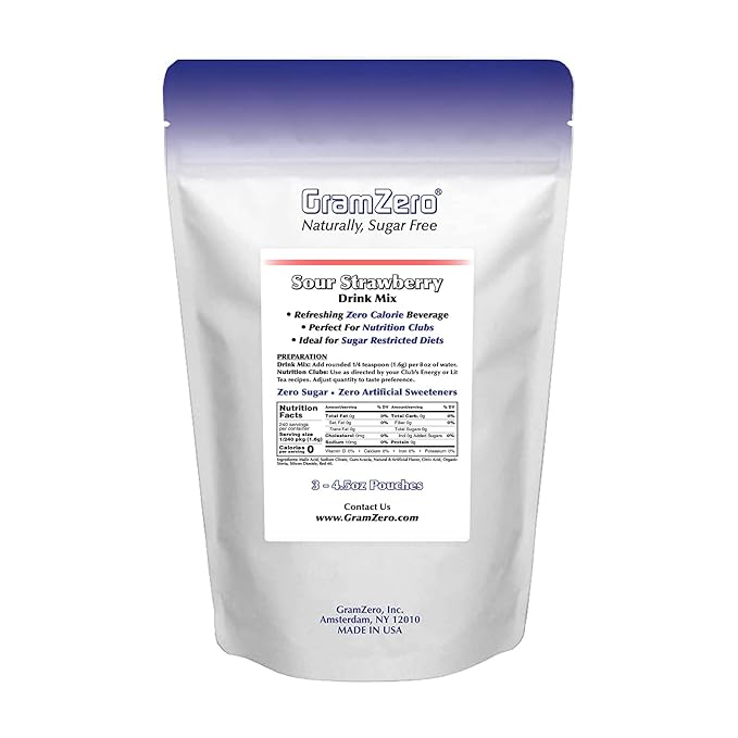 GramZero Sour Strawberry Zero Calorie Sugar Free Drink Mix Great For Nutrition Club Loaded Tea Stevia Sweetened