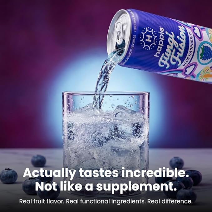 Happie Fungi Fusion Blue Raspberry – Sparkling Adaptogen Drink with Lion’s Mane Cordyceps &amp Red Reishi – Plant-Based Nootropic 40 Calorie Agave Nectar Vegan Wellness Soda Alternative