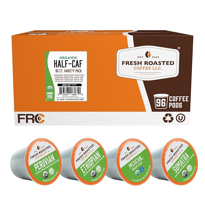 Fresh Roasted Coffee Organic Water-Processed Half-caf Variety Pack | USDA Kosher | K-Cup Compatible 96 Pods