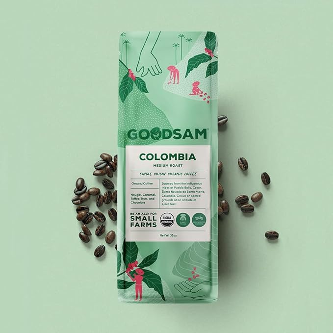 GoodSAM Colombian Medium Roast Organic Ground Coffee — Smooth &amp Balanced Flavor — Single-Origin Arabica Coffee — 32 oz Bulk Bag