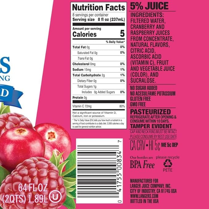 Langers 5 Calorie Cranberry Raspberry Juice Cocktail 64 Fl Oz (Pack of 8)