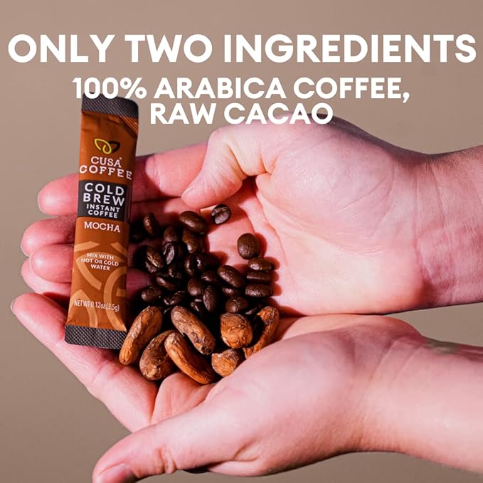 Cusa Tea &amp Coffee Mocha Cold Brew. Premium Instant Coffee Rainforest Alliance Certified Arabica Beans. Drink Mix Packets Ready in Seconds Makes Hot or Iced Coffee (30 Servings)