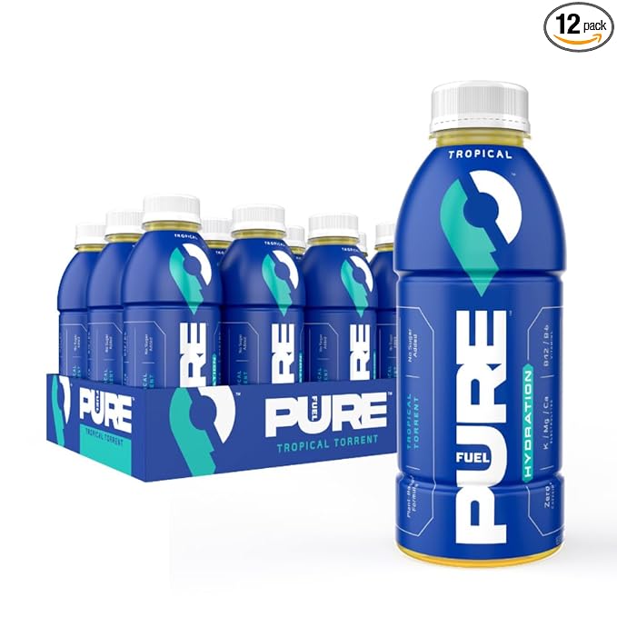Pure Fuel Hydration Drinks Tropical Torrent - Plant-Based Healthy Electrolyte Drinks with B-Vitamins - No Added Sugar - 12 Pack x 16.9 fl oz Bottles