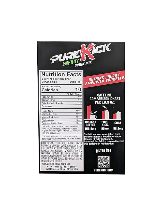 Pure Kick Energy Drink Mix - Sugar-Free 10Piece Packet Naturally Flavored Energy Supplement with 5 B Vitamins &amp 80 Mg of Caffeine Blood Orange