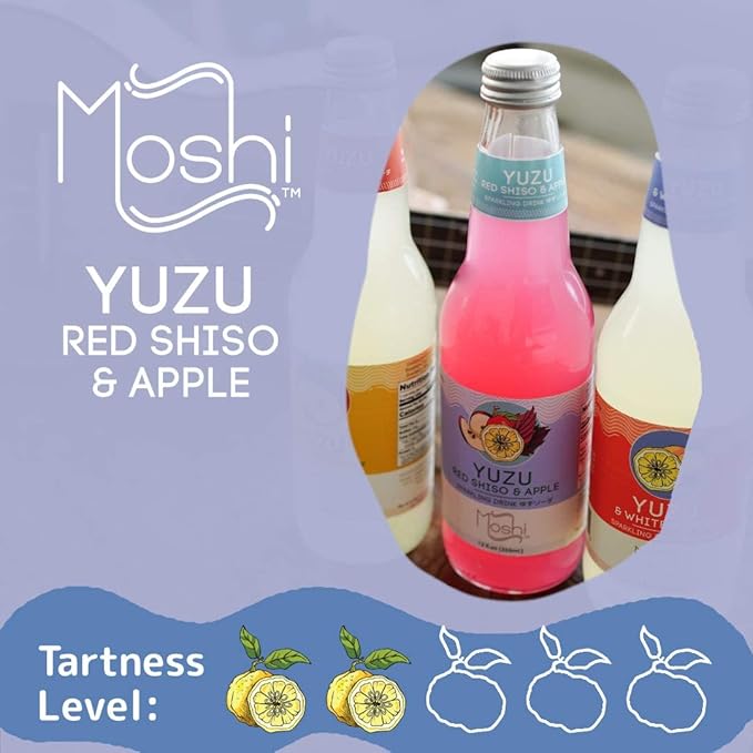 Moshi Yuzu Sparkling Drink Aromatic and Zesty Made with 100% Yuzu juice All-Natural Vegan Gluten-free No Artificial Preservatives/Coloring - 12 oz (6 Glass Bottles) - Red Shiso &amp Apple