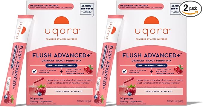 Uqora Flush Advanced+ - Helps Reduce Risk of Recurrent UTI** - with Cranberry D-Mannose Vitamin C Vitamin B6 &amp Potassium - Gluten-Free &amp Vegan - Triple Berry Flavor - 20 Packets (2 Pack)