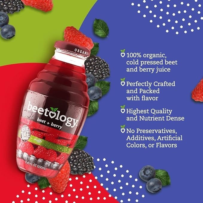Beetology Organic Beet &amp Berry Juice 8.45oz (6 Pack) | 100% Cold Pressed | Heart Healthy | Nutrient Packed Vegetable Juice | Vibrant Flavor