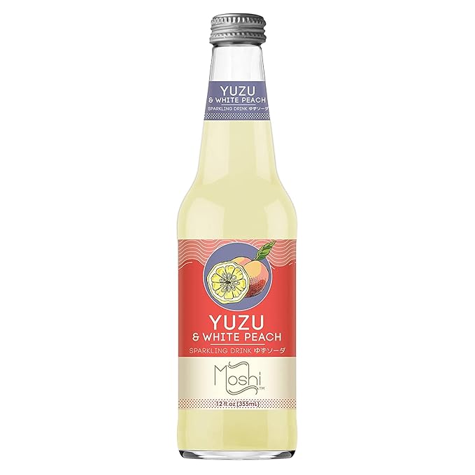 Moshi Yuzu Sparkling Drink Aromatic and Zesty Made with 100% Yuzu juice All-Natural Vegan Gluten-free No Artificial Preservatives/Coloring - 12 oz (6 Glass Bottles) - White Peach