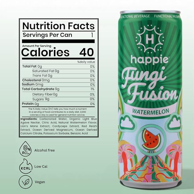 Happie Fungi Fusion Watermelon – Sparkling Adaptogen Drink with Lion’s Mane Cordyceps &amp Red Reishi – Plant-Based Nootropic 40 Calorie Zero Sugar Added Vegan Functional Soda Alternative (6 pack