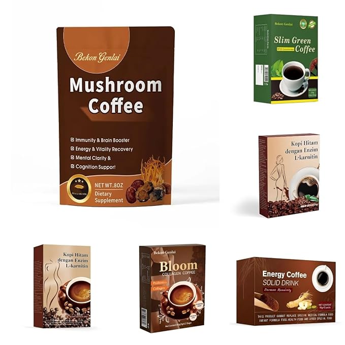 Bekon Genlai Mushroom Coffee – 2000mg Functional Mushroom Blend with Lion’s Mane Reishi Cordyceps Shiitake Turkey Tail &amp King Trumpet – Instant Arabica Coffee – Focus Immunity &amp Energy Su