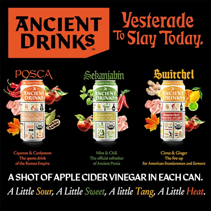 ANCIENT DRINKS Apple Cider Vinegar Electrolyte Drink with Probiotics – Organic Hydration Beverage Variety Pack (Posca Switchel Sekanjabin) – ACV Sports Drink with Natural Vitamins – 16 oz Cans 12 P