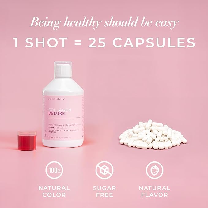 Swedish Collagen Deluxe | 12500 mg Hydrolyzed Marine Collagen Liquid Supplement - 3 x 500 ml (1500 ml in Total) 60 Day Supply | Hyaluronic Acid Biotin &amp Vitamin C for Hair Skin Nails &amp J