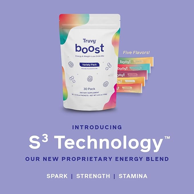 Truvy Boost Drink Variety Pack | 30 Stick Packs | Long-Lasting Energy Drink Mix with S³ Technology | Clean Focus and Vitality Support | Supports Clarity Endurance and Metabolism