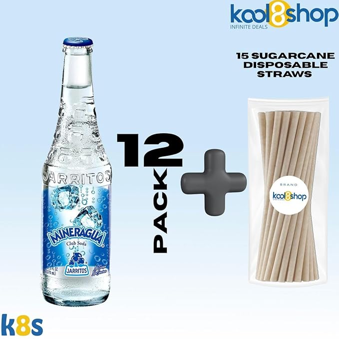 Jarritos Mexican Mineragua Soft Drink 12.5 fl oz Glass Bottles 12 Pack + 15 Sugarcane Disposable Straws by KOOL8SHOP Infinite Deals