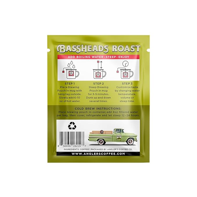 Angler’s Coffee Bassheads Single Serve Med-Roast Fresh Brew Coffee Pouch - Carefully Roasted Freshly Ground &amp Nitro-Flushed Quality Coffee - Just add Water - 10 ct